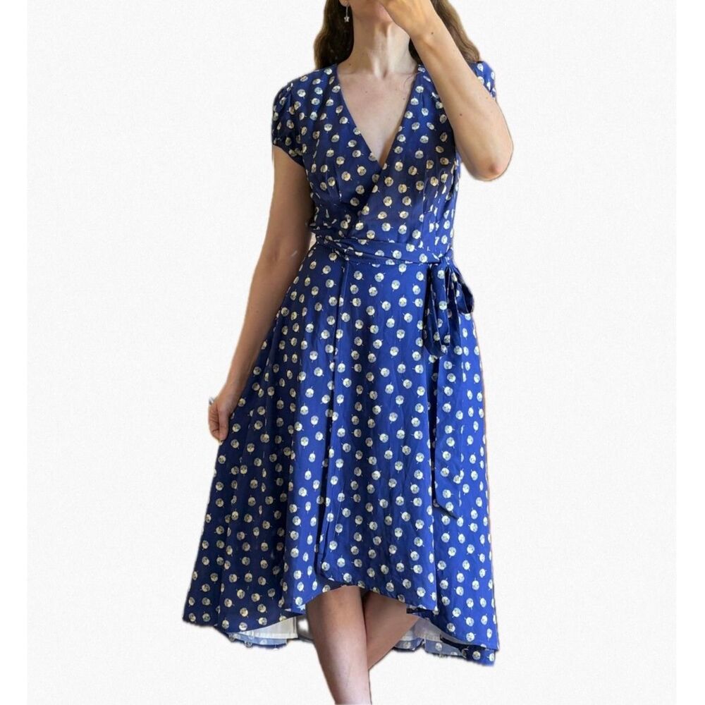 eShakti Royal Blue Ginkgo Leaf High Low True Wrap Midi Dress Pockets V-Neck M 8